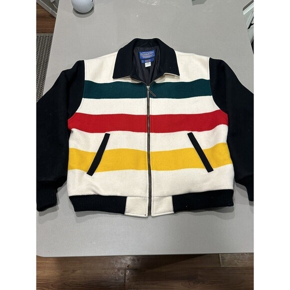 Vintage Pendleton Coat BAY STRIPES Wool Blanket Coat Bomber Jacket Mens Large - Picture 1 of 16